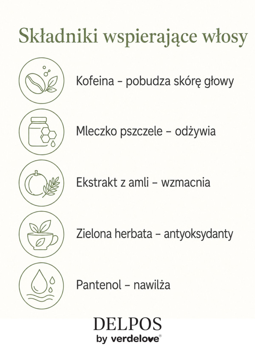 Infografika - cztery składniki wspierające włosy osłabione: kofeina, mleczko pszczele, amla i zielona herbata